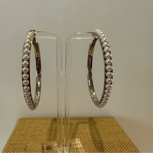 NWT Fashion Accents Earrings - Big Hoops silver tone covered in faux pearls - Picture 3 of 12